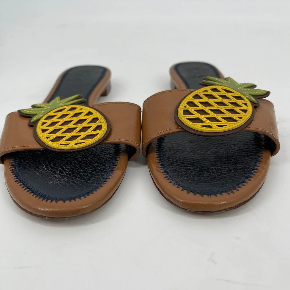 Tory Burch Brown Leather Pineapple Slide Sandals Size 5.5 Tropical Resort Luxury